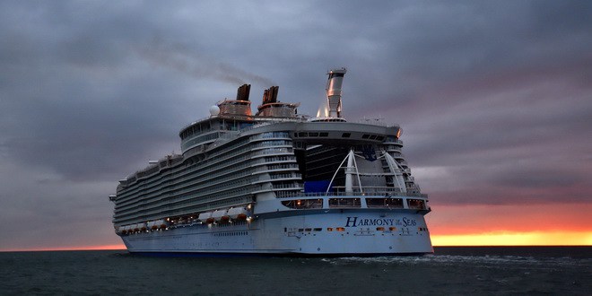 The Harmony of the Seas cruise ship leaves the STX shipyard of Saint-Nazaire, western France, for a three-day offshore test, on March 10, 2016.  With a capacity of 6.296 passengers and 2.384 crew members, the Harmony of the Seas, built by STX France for the Royal Caribbean International, is the world's largest ship cruise.   / AFP PHOTO / LOIC VENANCELOIC VENANCE/AFP/Getty Images