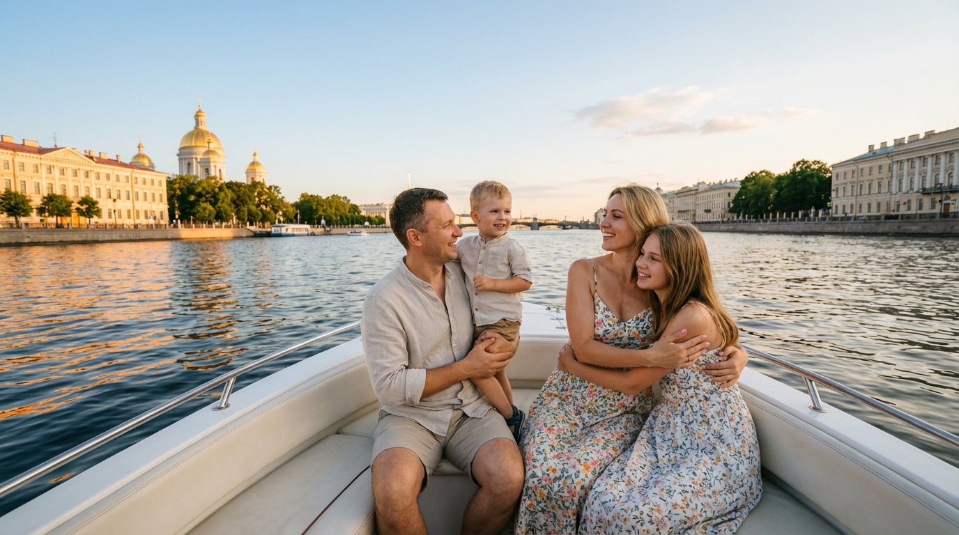 Семья на водной экскурсии в Петербурге