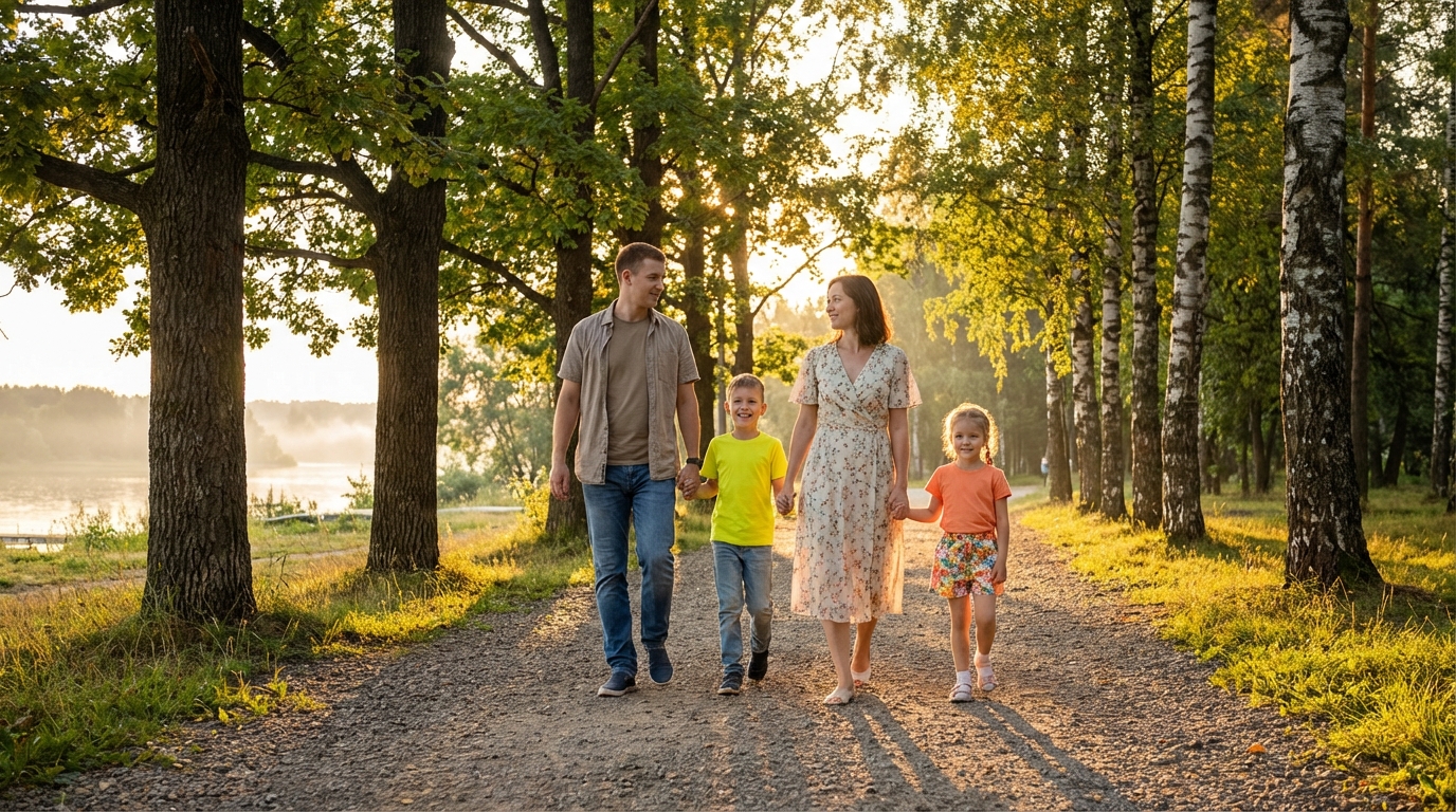 Семья в парке Дубны на прогулке